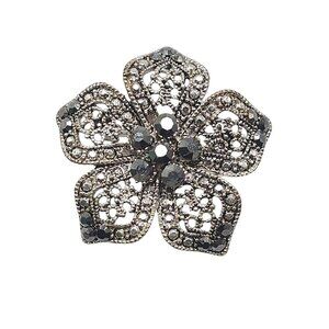 Vintage Faux Marcasite Flower Brooch Silver Tone Intricate Filigree Design